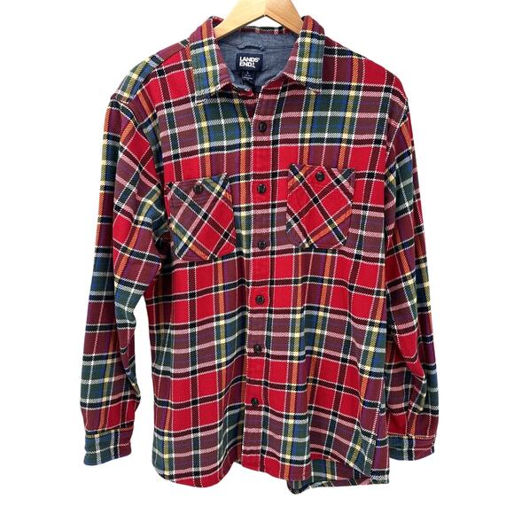 Lands End Flannel Shirt Mens Large Traditional Fit Red Green Plaid Button Up - Picture 1 of 8